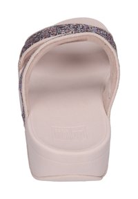 Pink platform slide sandals with a textured footbed, featuring a shimmering glitter strap across the top for added detail.