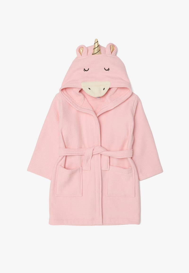 Roze badjas met wafelpatroon, voorzien van een capuchon met eenhoorn-thema met 3D-oren, een gouden hoorn en twee zakken aan de voorkant. Inclusief bindceintuur.