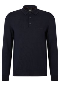 Langärmliges Poloshirt in Marineblau aus gestricktem Stoff, mit Kragen, Drei-Knopf-Leiste und gesticktem Logo auf der Brust.