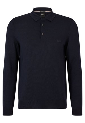 Long-sleeve navy polo shirt made of knitted fabric featuring a collar, three-button placket, and embroidered logo on the chest.