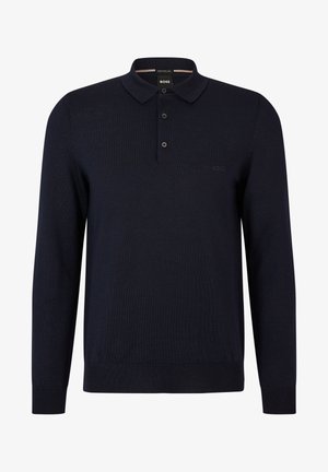 Camisa polo de manga longa azul marinho, feita de tecido tricotado, com colarinho, placket de três botões e logótipo bordado no peito.