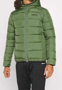 Zelená puffer bunda s kapucí, se zipovým uzavíráním, žebrovanými manžetami a vyšitým logem na hrudi. Hladká textura a prošívaný design.