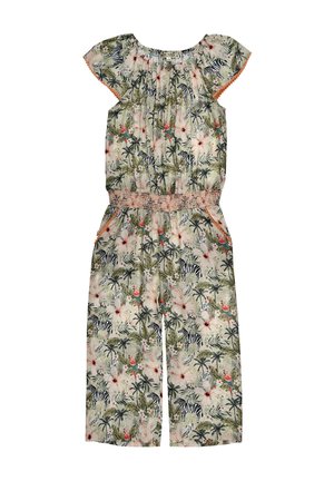 Mädchen-Jumpsuit mit tropischem Print, kurzen Ärmeln, elastischer Taille, Zebras, Palmen und Blumen in Grün-, Beige- und Koralltönen.