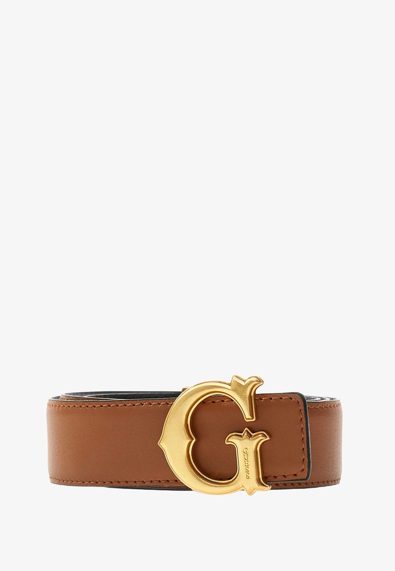 Brown leather belt featuring a prominent gold-tone logo buckle. Smooth texture, stitched edges, and a minimalist design.