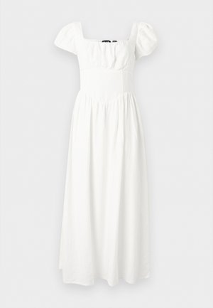 Λευκό μακρύ φόρεμα με φουσκωτά κοντά μανίκια, τετράγωνο ντεκολτέ, σούρες στο μπούστο και ρέον σκουρόχρωμο κάτω μέρος.