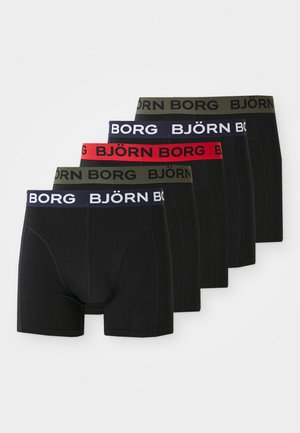 Schwarze Boxer-Briefs im Fünferpack, mit elastischen Bündchen in Marineblau, Grün, Rot und Schwarz, verziert mit dem Logo "BJÖRN BORG".