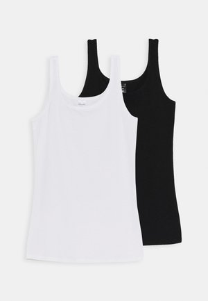 Two tank tops: one white and one black. Both made of soft, stretchy fabric with wide straps and a scoop neckline.