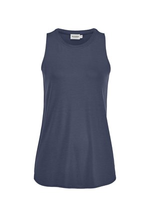 Damen-Top in Dunkelblau, ärmellos, mit rundem Ausschnitt und leicht ausgestelltem Saum, gefertigt aus glattem Stoff.