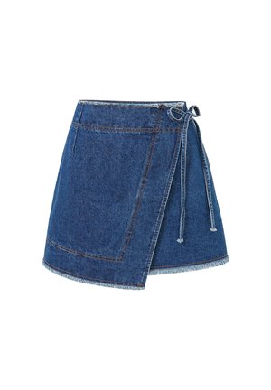Jupe en denim bleu foncé avec un ourlet effiloché, dotée de deux poches avant et d'un détail à nouer à la taille.