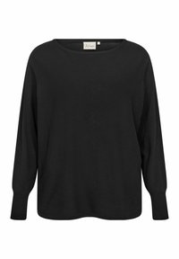Maglione nero in maglia con scollatura a barco, maniche lunghe e polsini a costine. Texture morbida, vestibilità comoda e design minimalista.