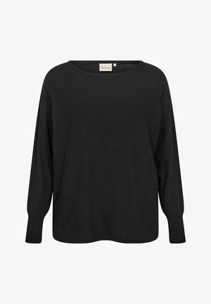 Svart stickad tröja med rundad halsringning, långa ärmar och ribbade ärmslut. Mjuk textur, avslappnad passform och minimalistisk design.