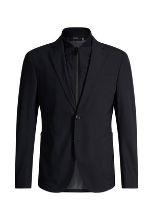 Zwarte herenblazer met notch revers, eenknopsluiting, twee voorzakken en een binnenvoeringlaag met ritssluiting.
