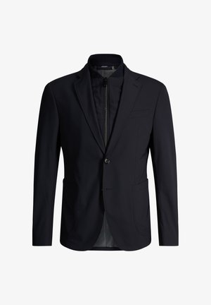 Zwarte herenblazer met notch revers, eenknopsluiting, twee voorzakken en een binnenvoeringlaag met ritssluiting.