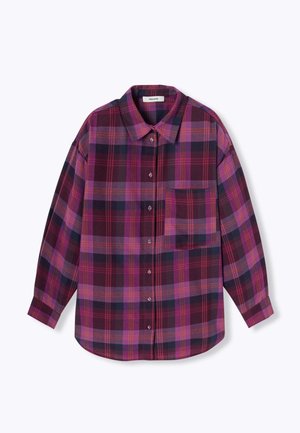 Chemise à carreaux dans les tons de violet et de noir, dotée d'un col, de manches longues et d'une poche poitrine. Tissu doux avec une coupe décontractée.