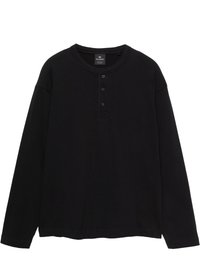 Schwarzes Langarm-T-Shirt aus weicher Baumwolle, mit rundem Ausschnitt, Knopfleiste und lockerem Schnitt mit geradem Saum.