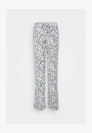 Białe spodnie z granatowym abstrakcyjnym wzorem, z elastycznym pasem i regulowanym sznurkiem. Prosta nogawka z luźnym krojem.