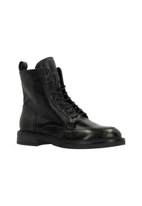 Zwarte leren enkelboots met veters, een ronde neus, decoratieve stiksels en studaccenten aan de zijkanten. Dikke rubberen zool.