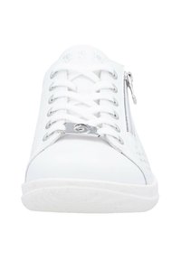 White sneaker with lace and side zipper, featuring perforated design, smooth leather texture, and metallic hardware accents.