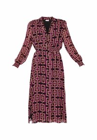 Lång knäppt klänning med svart bas och geometriska mönster i rosa och beige, med samlad midja och elastiska ärmslut på de långa ärmarna.