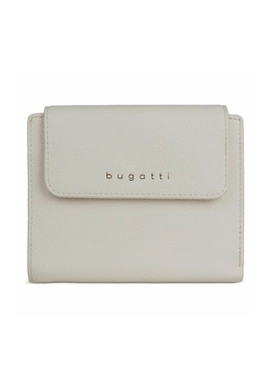 Portafoglio Bugatti in pelle color crema con chiusura a patta e sottili dettagli di cucitura su sfondo bianco.