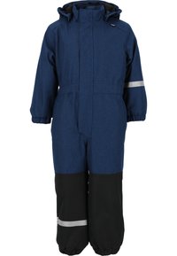 Marineblaue Latzhose mit strukturierter Oberfläche, schwarzem unteren Bereich, elastischen Bündchen und reflektierenden Streifen. Ausgestattet mit einer Kapuze und einem Frontreißverschluss.
