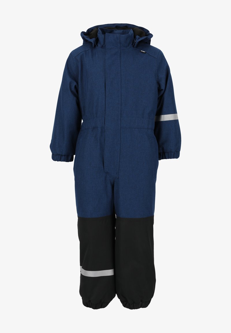 Navy blue overall with a textured finish, black lower section, elastic cuffs, and reflective strip accents. Features a hood and front zipper.