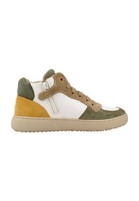 Sneaker alta con una combinazione di pelle bianca, camoscio verde oliva, beige e giallo senape. Suola in gomma testurizzata con lacci.
