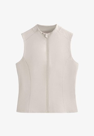 Vestă bej fără mâneci, cu fermoar frontal și gât rotund, având detalii cusute pe lateral și pe umeri.
