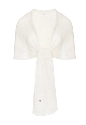 Biały dziany szal z teksturowanym wzorem, szerokimi ramionami i długim luźnym przednim panelem, prezentowany na białym tle.