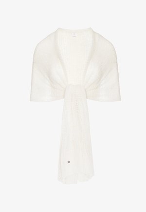 Biały dziany szal z teksturowanym wzorem, szerokimi ramionami i długim luźnym przednim panelem, prezentowany na białym tle.