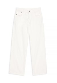 Pantalones anchos blancos hechos de tela texturizada. Presentan un cierre de botón, dos bolsillos delanteros y un ajuste relajado.