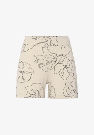 Beige shorts met een bloemenpatroon en een zwart lijnontwerp, gemaakt van zachte stof, met een elastische tailleband en een relaxte pasvorm.