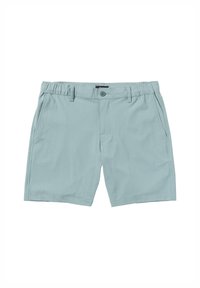 Light blue shorts made of smooth fabric, featuring a button closure, front pockets, and subtle textured pattern.