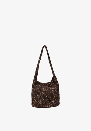 Borsa a spalla marrone scuro ricoperta di piccoli paillettes brillanti con tracolla lunga, struttura morbida e design semplice con apertura superiore.