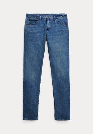Jeans de ganga azul com um design de perna reta, apresentando cinco bolsos, um fecho de botão e um leve desbotamento ao longo das coxas.