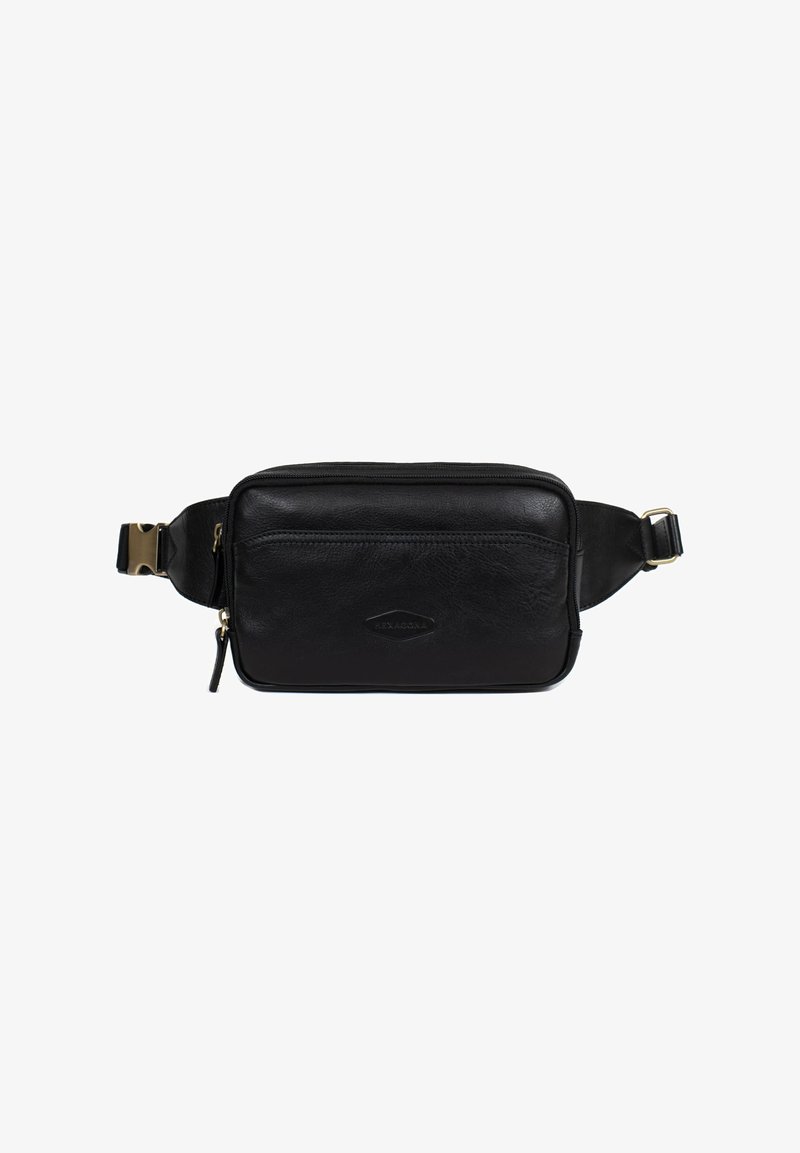 Sac ceinture rectangulaire en cuir noir avec poche zippée à l'avant et sangle réglable avec boucle dorée.