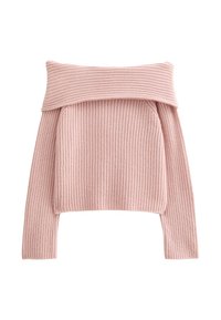 Maglione rosa a costine con design a spalle scoperte, maniche lunghe e texture morbida. Presenta uno scollo ampio e pieghevole e un corpo aderente.