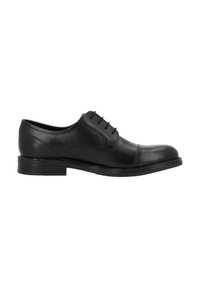 Scarpa da uomo in pelle nera con una texture liscia, punta arrotondata, design con cinque occhielli per il laccio e tacco basso impilato.