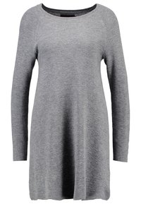 Abito in maglia grigio a maniche lunghe con scollatura rotonda, caratterizzato da un motivo testurizzato e una vestibilità comoda, che arriva all'incirca a metà coscia.