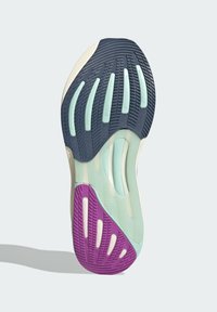 Schoenzool met een meerkleurig ontwerp: donkere marineblauw, mintgroen en paarse secties. Geprofileerd rubber met groeven en uitsparingen voor betere grip.