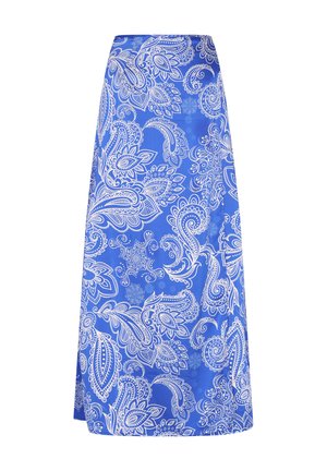 Blå lang nederdel med et hvidt paisley-mønster, lavet af letvægtsstof med en glat tekstur og en lige silhuet.
