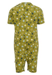 Olivgrön kortärmad bodysuit med varierande färger på bokstäverna i blått, krämfärgat och mörkblått. Har tryckknappar på axlarna för enkel påklädning.