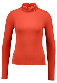 Röd långärmad turtleneck topp tillverkad av mjukt tyg, med en åtsittande passform och en draperad halsringning, designad för komfort och lager-på-lager styling.