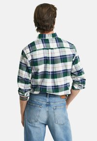 Camisa a cuadros verde, azul y blanca con manga larga, cuello abotonado y pliegue en la espalda. Combinada con jeans de mezclilla azul claro.