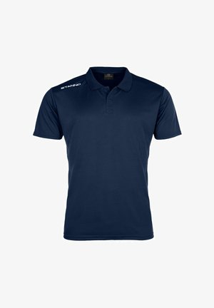 Polo blu navy a maniche corte con colletto, patta con due bottoni e logo "STANNO" sulla spalla destra.