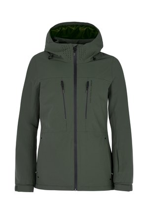 Groene waterdichte jas met capuchon, twee ritszakken op de borst, ventilatiegaten en zwarte accenten. Soepele textuur en nauwsluitend ontwerp.