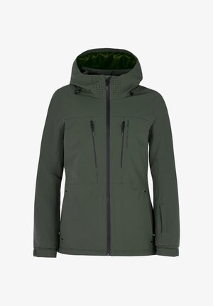 Groene waterdichte jas met capuchon, twee ritszakken op de borst, ventilatiegaten en zwarte accenten. Soepele textuur en nauwsluitend ontwerp.