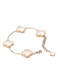 Pulsera de oro rosa con eslabones en forma de flor con insertos transparentes, conectadas por una delicada cadena. Incluye un cierre de langosta y cadena ajustable.