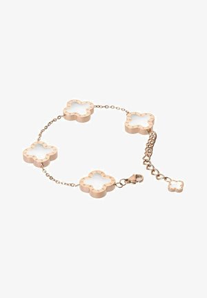 Pulsera de oro rosa con eslabones en forma de flor con insertos transparentes, conectadas por una delicada cadena. Incluye un cierre de langosta y cadena ajustable.