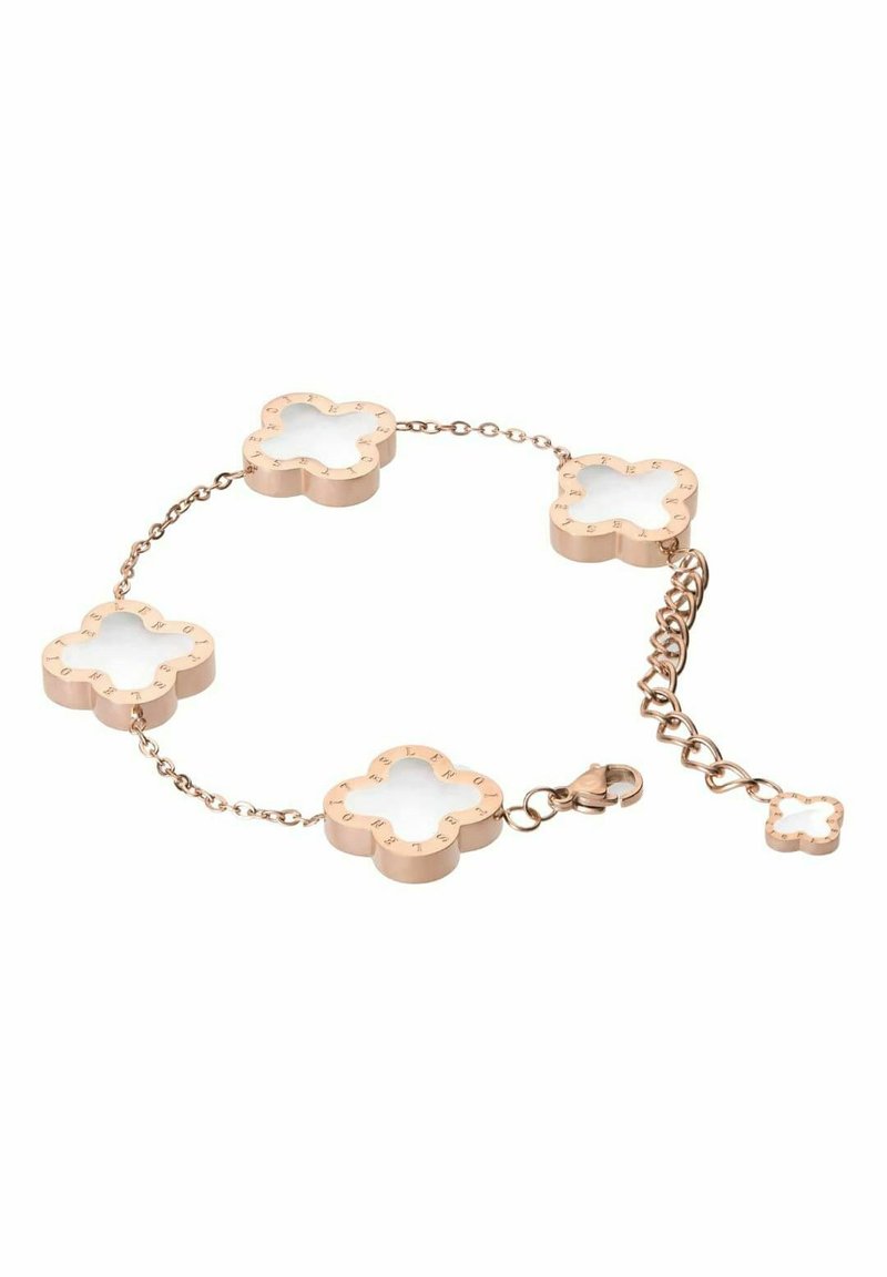 Pulsera de oro rosa con eslabones en forma de flor con insertos transparentes, conectadas por una delicada cadena. Incluye un cierre de langosta y cadena ajustable.